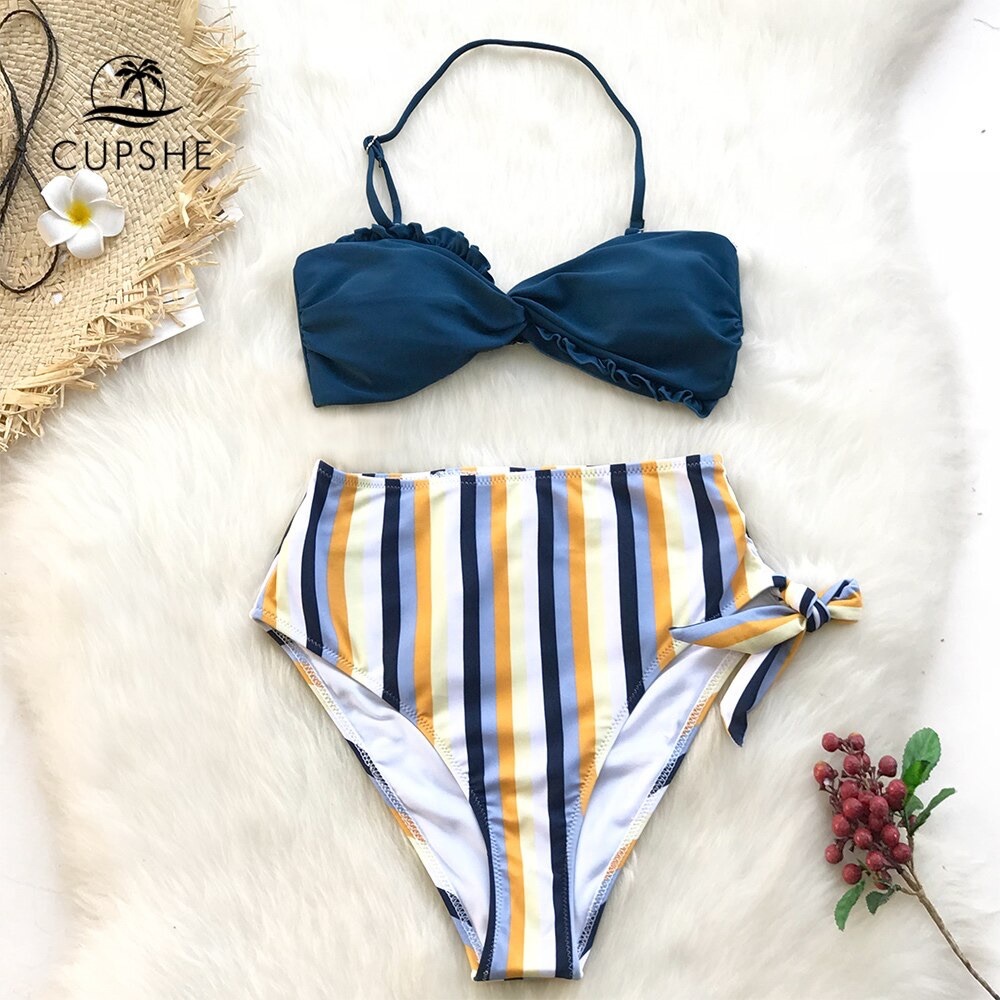 ⬇️Cupshe Blue Yellow Stripe High Waist 2-Piece Swim Bikini Set